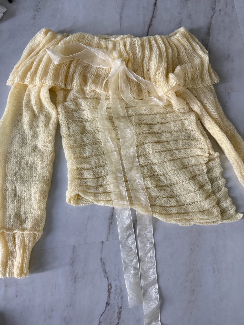 Pale Yellow Off-Shoulder Ruffle Knit Top with Sheer Tie